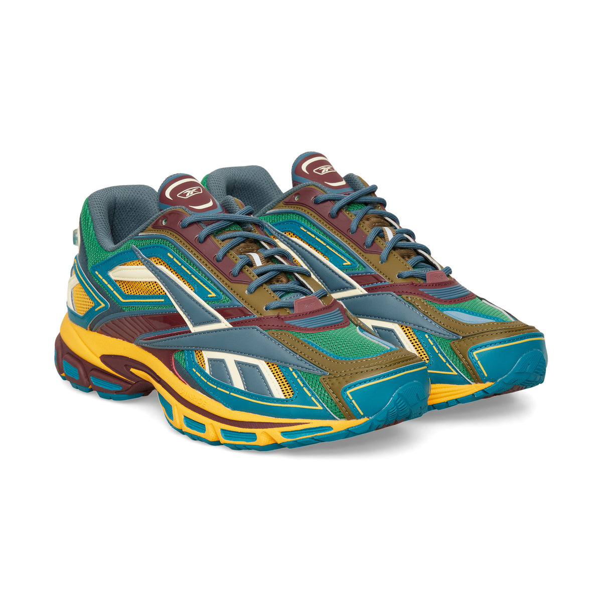 Chaussure de running Reebok Premier Road Ultra vert et bleu – vue 3/4 avant